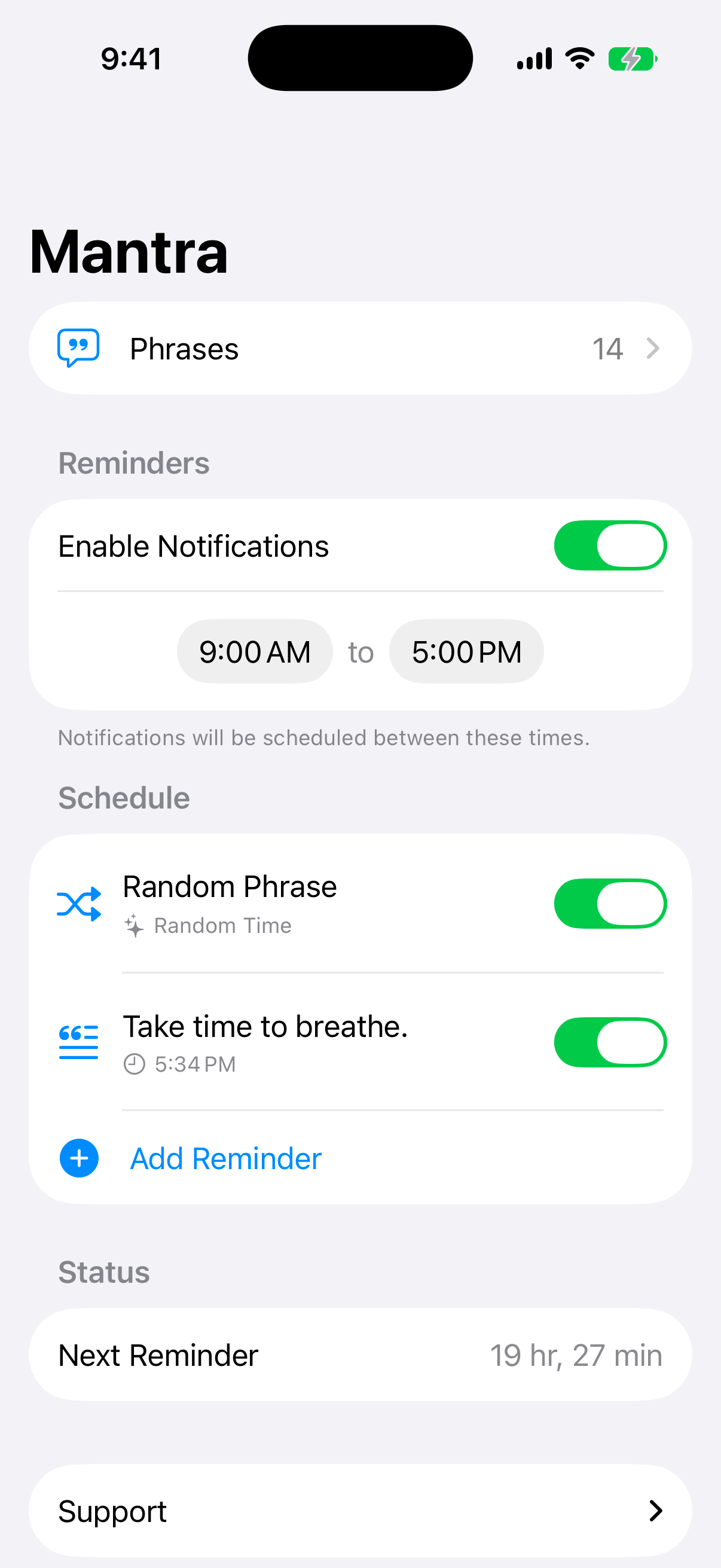Mantra Moment on iPhone, showing reminders scheduled through the day.