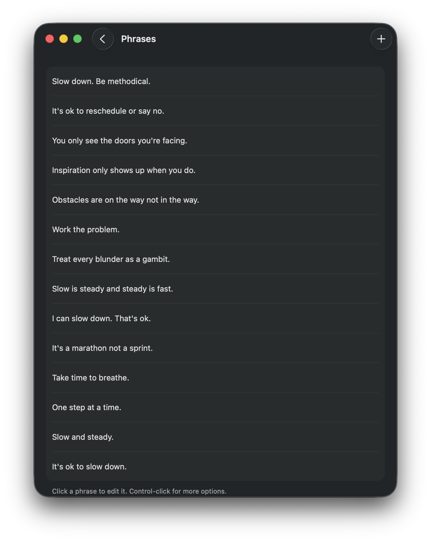 Mantra Moment open on a Mac, showing the list of phrases.